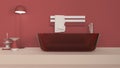 Showcase bathroom interior design in beige and red tones, glass freestanding bathtub. Floor lamp and side tables with candle,
