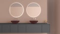 Showcase bathroom interior design close up, washbasin cabinet with two glass sink, round mirror with light and decors in beige and