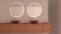 Showcase bathroom interior design close up, washbasin cabinet with two glass sink, round mirror with light and decors in beige and