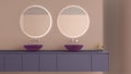 Showcase bathroom interior design close up, washbasin cabinet with two glass sink, round mirror with light and decors in beige and