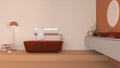 Showcase bathroom interior design in orange and beige tones, glass freestanding bathtub and wash basing. Round mirrors, faucets,