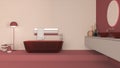 Showcase bathroom interior design in red and beige tones, glass freestanding bathtub and wash basing. Round mirrors, faucets,