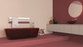 Showcase bathroom interior design in red and beige tones, glass freestanding bathtub and wash basing. Round mirrors, faucets,