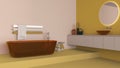 Showcase bathroom interior design in yellow and beige tones, glass freestanding bathtub and wash basing. Round mirrors, faucets,