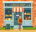 Showcase of cheese shop and buyer with package