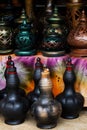 Showcase with clay pots from handmade jugs. Asian traditional jugs Royalty Free Stock Photo