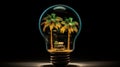 Showcase creativity with an isolated glass electric light bulb housing miniature tropical palm trees on a sleek black background,