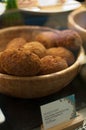Showcase with delicious food ready to eat. Close up of scotch eggs Royalty Free Stock Photo