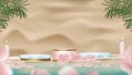 Showcase display with Pink Rose,Candle and plam leave on sand beach with blue ocean background,3D Stage pedestal platform for