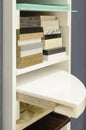 Showcase for display samples for furniture production in a hardware store or furniture showroom