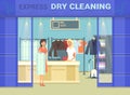 Showcase of dry cleaning store with cloth