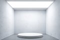 Showcase with Empty Space On Pedestal Near White Walls In Art Gallery. 3d rendering. Minimalism Concept. Art Exhibition