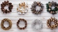 Showcase festive wreaths in a flat lay on a light wooden backdrop