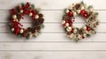 Showcase festive wreaths in a flat lay on a light wooden backdrop