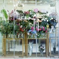 Showcase in the flower shop. Many bouquets of flowers Royalty Free Stock Photo
