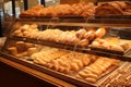 Showcase with fresh bread and buns in bakery. Generative AI