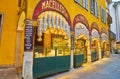 The showcase of Gabbani Delicatessen in old house arcade, on March 14 in Lugano, Switzerland
