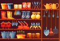 Showcase with garden accessory, equipment at shop