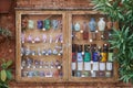 A showcase with handmade glass products. Glass vases and glasses for sale in a souvenir shop in Venice, Italy Royalty Free Stock Photo