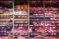 Showcase with a large assortment of sausages in the supermarket. Moscow, Russia, 01-01-2021