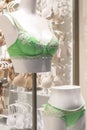 Showcase of lingerie shop. Mannequins in a beautiful lacy green bra and briefs. Close-up. Vertical