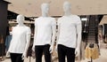 Showcase of a modern fashion store in a shopping center in the city center. Three mannequins in white t-shirts with copy space for