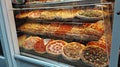 Showcase of a pizzeria full of cooked and stuffed pizzas