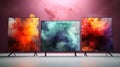 Showcase with plasma TVs with color screen in store of household appliances, electronics and gadgets. Buying new TV Royalty Free Stock Photo