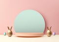 Showcase product festive Easter scene. Featuring a golden Easter egg with bunny ears on a modern podium, 3D mockup is perfect for