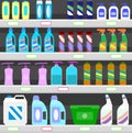 Showcase rack of household chemicals store. Cleaners and disinfectants