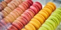 Showcase of rows of french macaroons. Close up of macaroon cookies