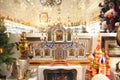 Showcase of a Russian souvenir shop with icons and a samovar. Moscow.
