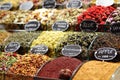 Showcase for sales of tea, herbs and spice on the Grand Bazaar, Istanbul. Traditional turkish kitchen