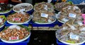 Showcase of seafood in the sea market. Vendors Stalls and Seafood Being Sold at fresh market. Royalty Free Stock Photo