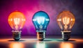 Showcase of seven distinct lightbulbs, each emitting a unique and vibrant color, set against a dark background.