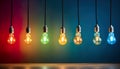 Showcase of seven distinct lightbulbs, each emitting a unique and vibrant color, set against a dark background.