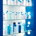 Showcase shop with plastic bottles shampoo Royalty Free Stock Photo