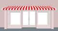 Showcase shop. Rose Shop building. Striped awning store. Facade