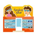 Showcase of a shop selling glasses. Banner with beautiful and happy people in sunglasses