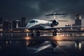Showcase the sleek lines and metallic curves of a private jet parked on a tarmac, with the city skyline in the background.