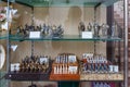 The showcase of a souvenir shop selling various decorative chess, soldiers and other souvenirs in the Sirmione town in Lombardy,