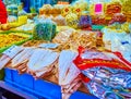 The showcase of the stall of Sampheng market offers variety of traditional thai snacks, Bangkok, Thailand