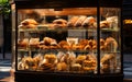 Showcase with a variety of freshly made pastry. Bakery window case with loaves of bread, rolls, buns and croissants Royalty Free Stock Photo