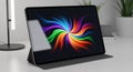 Modern tablet displaying vibrant swirling colorful abstract art in a contemporary setting Royalty Free Stock Photo
