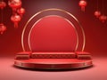 Red Podium for Chinese New Year 3D Rendering of Gift Box Product Stand and Background,ai generated