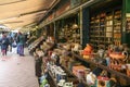 Showcases with food products on the Naschmarkt, most popular market in Vienna, Austria. January 2022