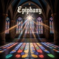 Gothic Cathedral Interior with Stained Glass Windows and Epiphany Text Royalty Free Stock Photo