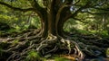 Large Tree with Extensive Roots in a Forest Stream Royalty Free Stock Photo