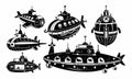 Collection of cartoon submarines with various shapes and features are visible in black silhouettes Royalty Free Stock Photo