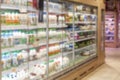 Showcases with products in a supermarket. Assortment of food. Blurred